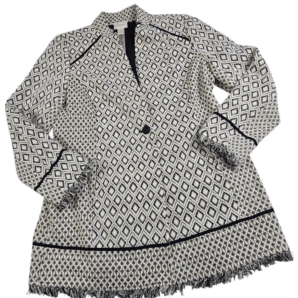 Chicos Jacket Ivory Black Metallic Gold Knit Fringe Diamonds Button Sz 1 Medium